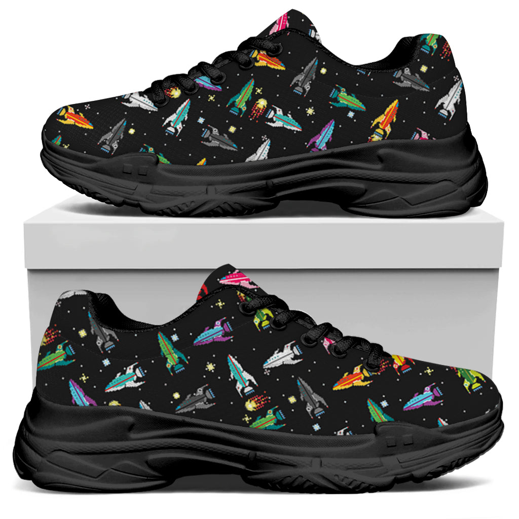 Pixel Spaceships Pattern Print Black Chunky Shoes