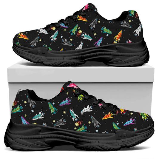 Pixel Spaceships Pattern Print Black Chunky Shoes