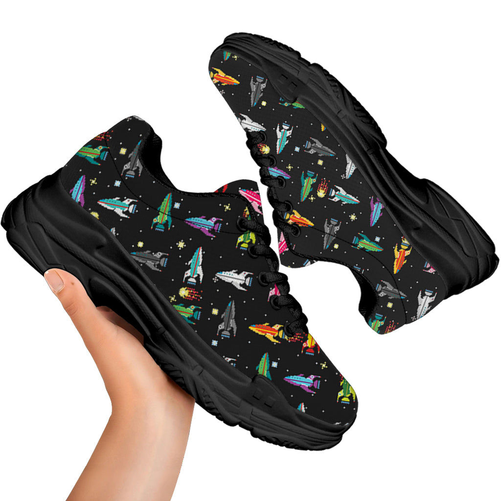 Pixel Spaceships Pattern Print Black Chunky Shoes