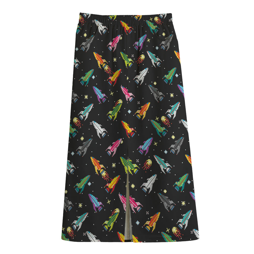 Pixel Spaceships Pattern Print Cotton Front Slit Maxi Skirt