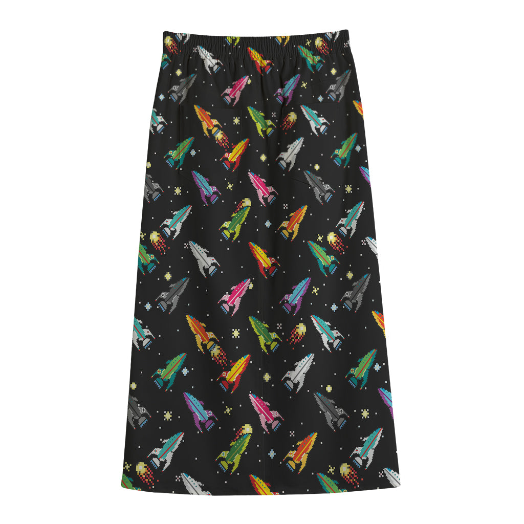 Pixel Spaceships Pattern Print Cotton Front Slit Maxi Skirt