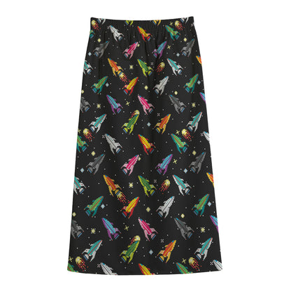 Pixel Spaceships Pattern Print Cotton Front Slit Maxi Skirt