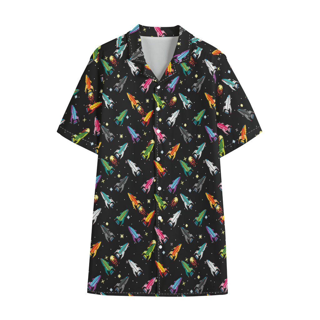 Pixel Spaceships Pattern Print Cotton Hawaiian Shirt
