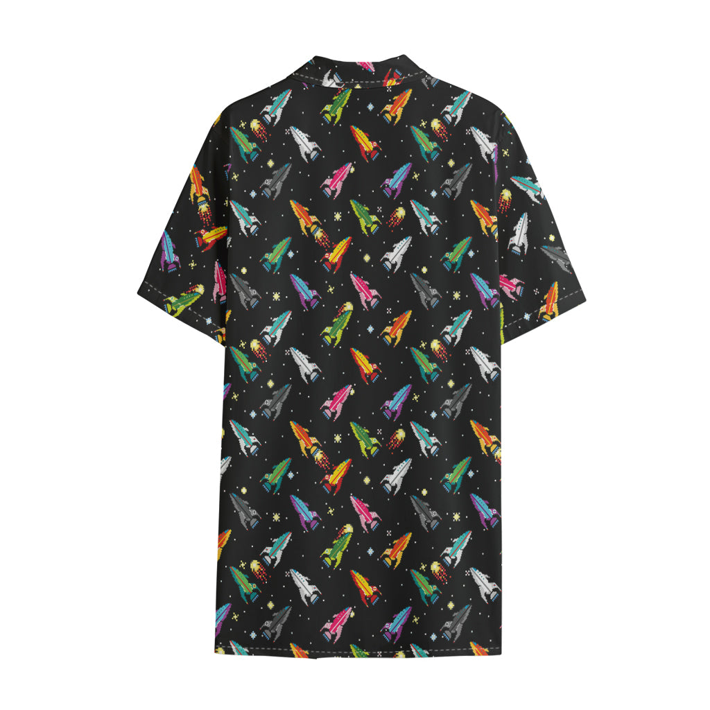 Pixel Spaceships Pattern Print Cotton Hawaiian Shirt