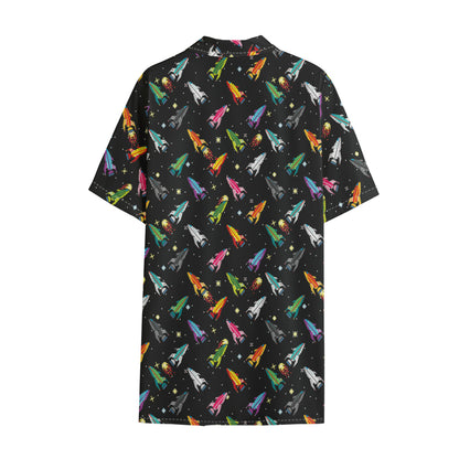 Pixel Spaceships Pattern Print Cotton Hawaiian Shirt