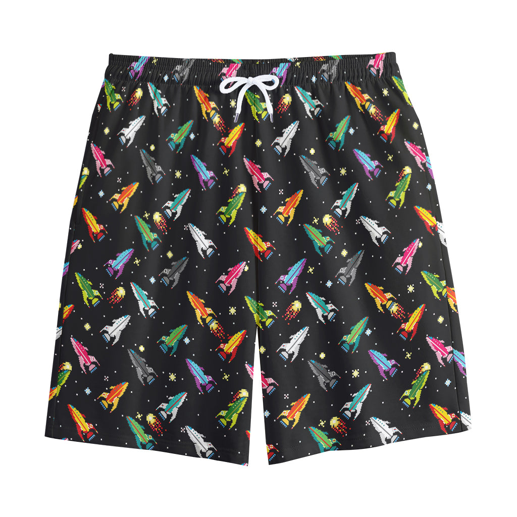 Pixel Spaceships Pattern Print Cotton Shorts