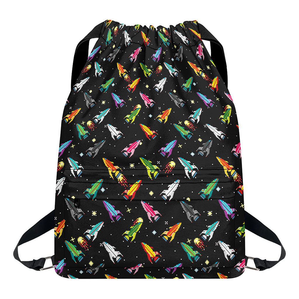 Pixel Spaceships Pattern Print Drawstring Backpack