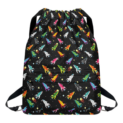 Pixel Spaceships Pattern Print Drawstring Backpack