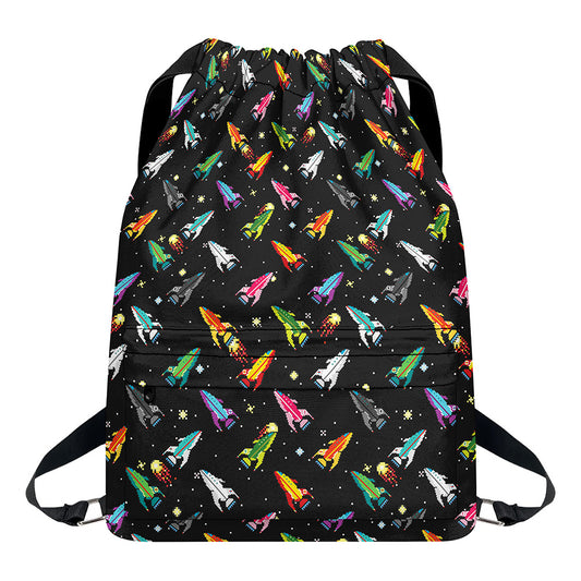 Pixel Spaceships Pattern Print Drawstring Backpack