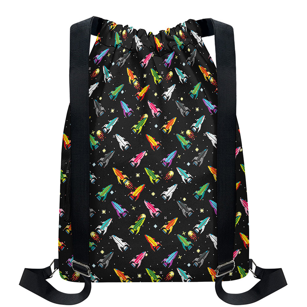 Pixel Spaceships Pattern Print Drawstring Backpack