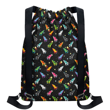 Pixel Spaceships Pattern Print Drawstring Backpack