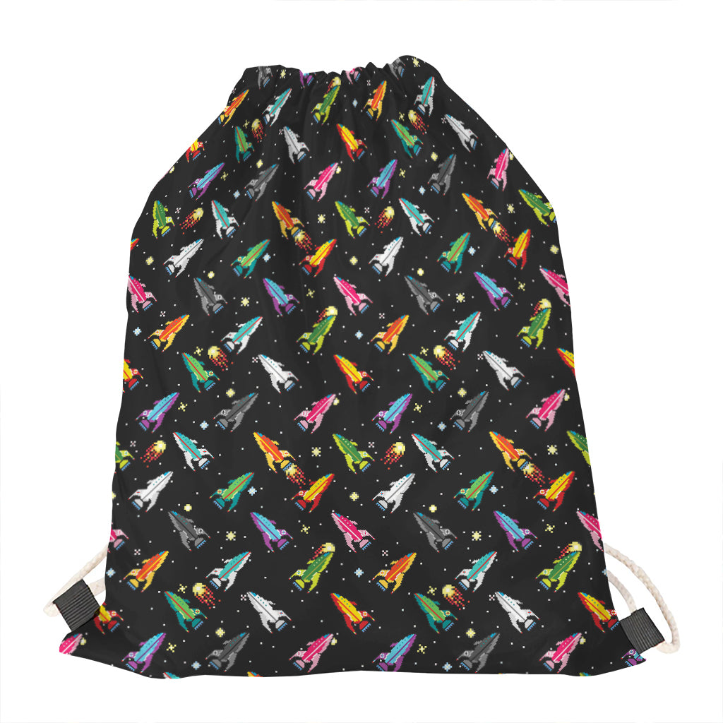 Pixel Spaceships Pattern Print Drawstring Bag