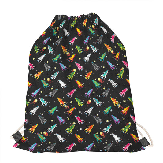 Pixel Spaceships Pattern Print Drawstring Bag