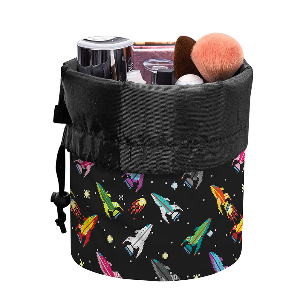 Pixel Spaceships Pattern Print Drawstring Makeup Bag