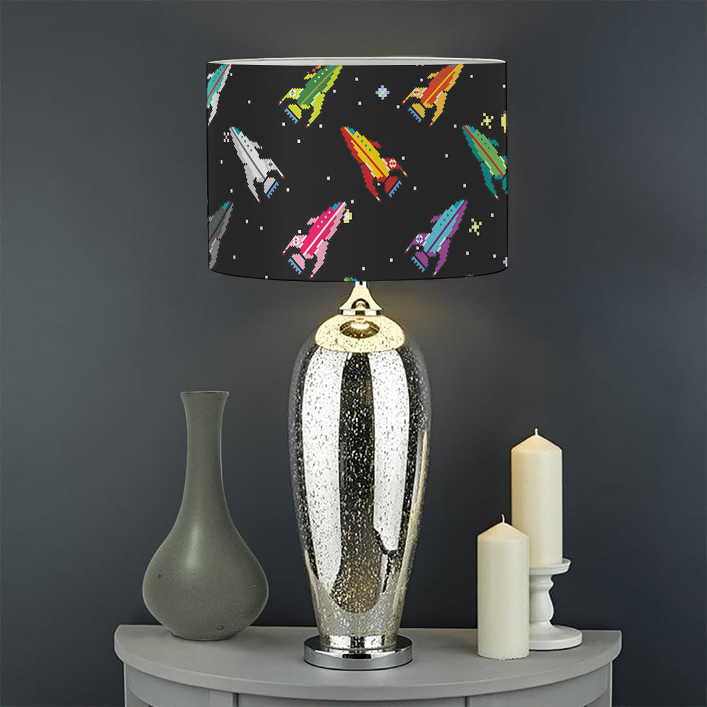 Pixel Spaceships Pattern Print Drum Lamp Shade