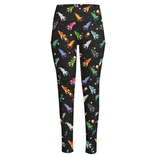 Pixel Spaceships Pattern Print High-Waisted Pocket Leggings