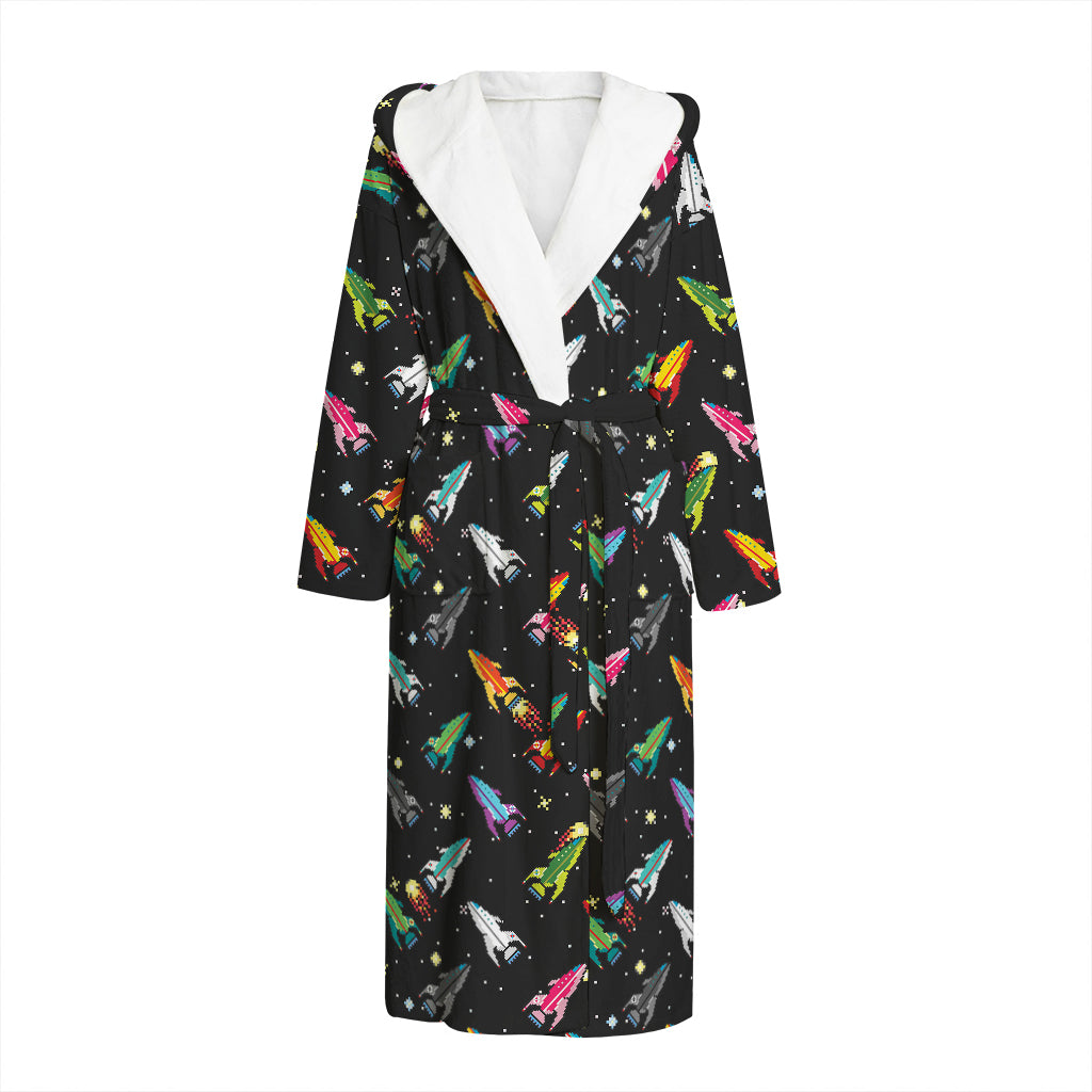 Pixel Spaceships Pattern Print Hooded Bathrobe