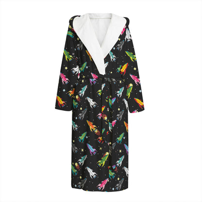 Pixel Spaceships Pattern Print Hooded Bathrobe