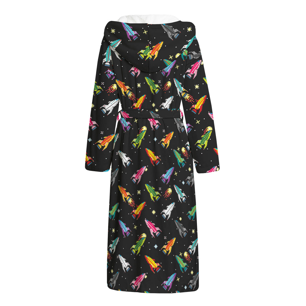 Pixel Spaceships Pattern Print Hooded Bathrobe