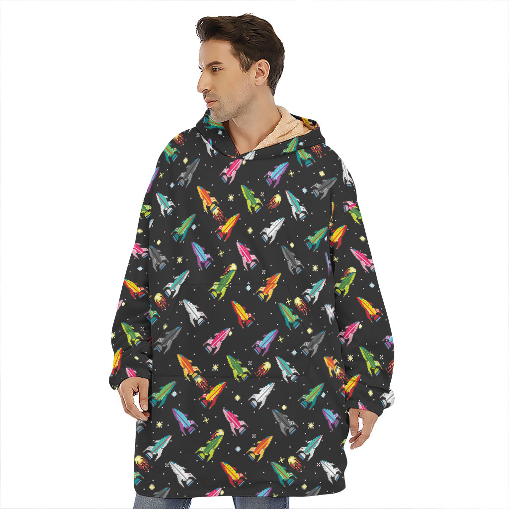Pixel Spaceships Pattern Print Hoodie Blanket