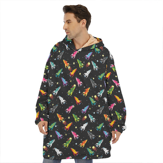 Pixel Spaceships Pattern Print Hoodie Blanket
