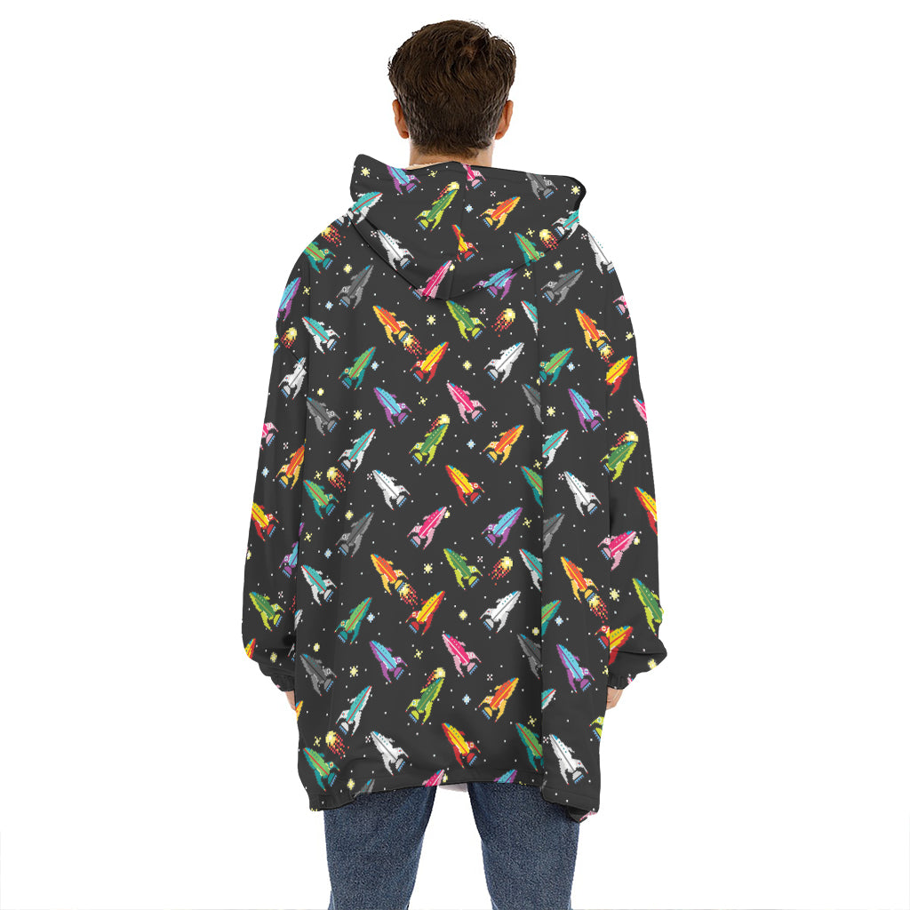 Pixel Spaceships Pattern Print Hoodie Blanket