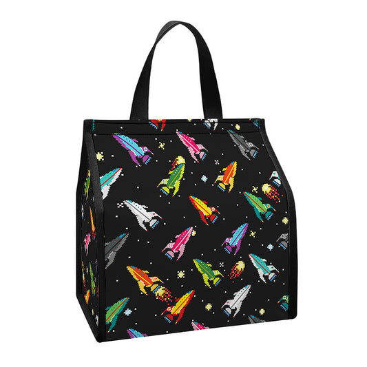 Pixel Spaceships Pattern Print Insulated Lunch Tote