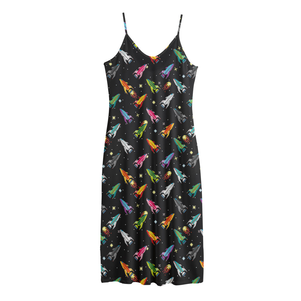 Pixel Spaceships Pattern Print Jersey Midi Cami Dress
