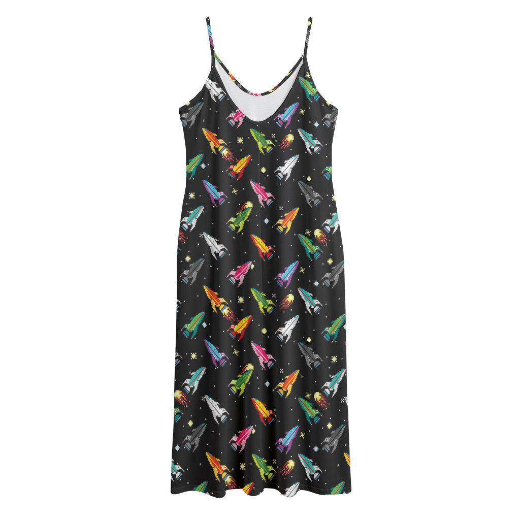 Pixel Spaceships Pattern Print Jersey Midi Cami Dress