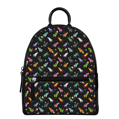 Pixel Spaceships Pattern Print Leather Backpack