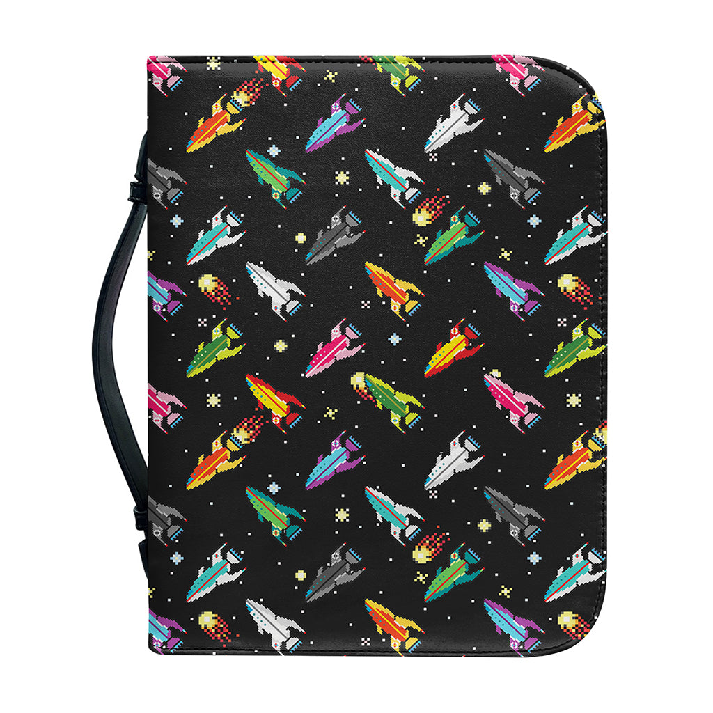 Pixel Spaceships Pattern Print Leather Bible Cover