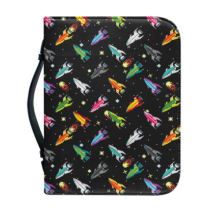 Pixel Spaceships Pattern Print Leather Bible Cover