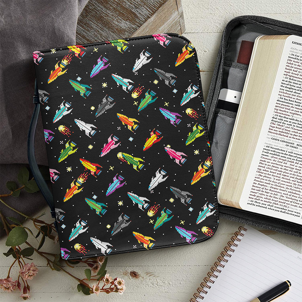 Pixel Spaceships Pattern Print Leather Bible Cover
