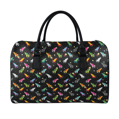 Pixel Spaceships Pattern Print Leather Duffle Bag