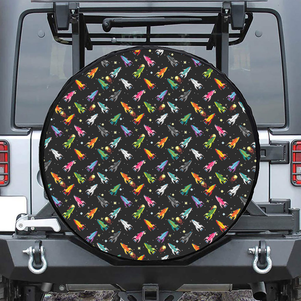 Pixel Spaceships Pattern Print Leather Spare Tire Cover
