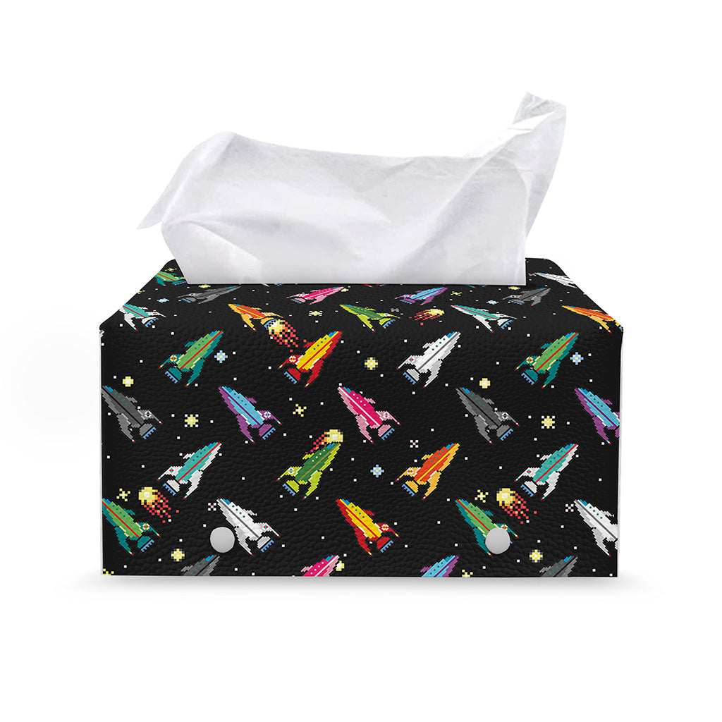 Pixel Spaceships Pattern Print Leather Tissue Box Cover