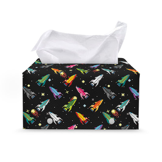 Pixel Spaceships Pattern Print Leather Tissue Box Cover