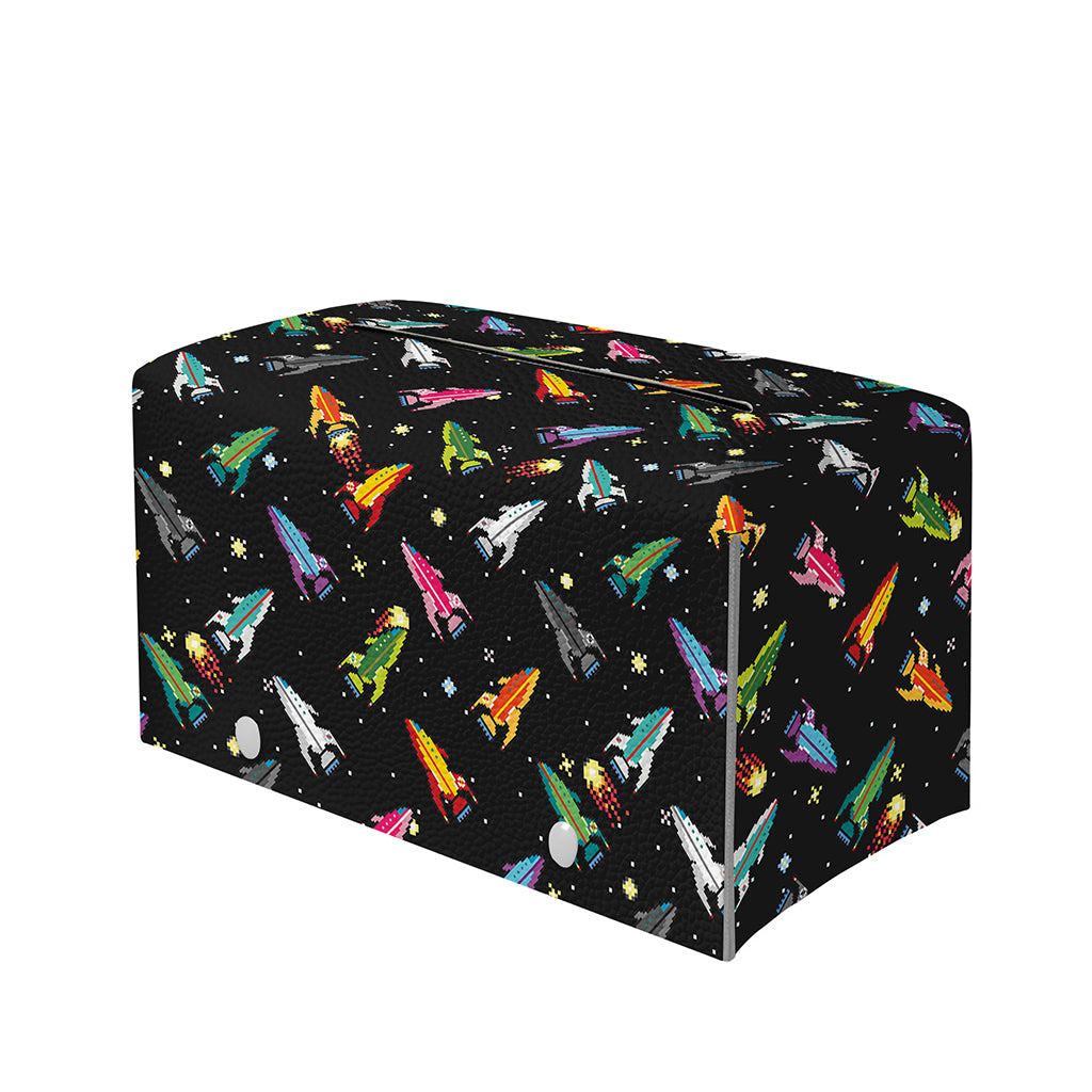 Pixel Spaceships Pattern Print Leather Tissue Box Cover