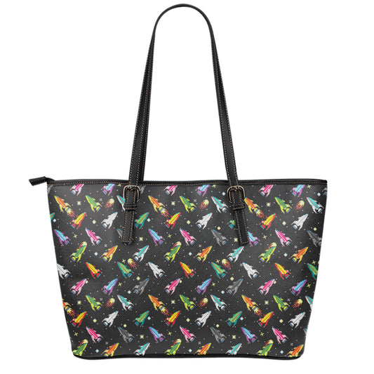Pixel Spaceships Pattern Print Leather Tote Bag
