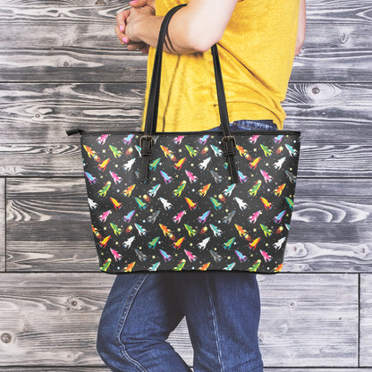 Pixel Spaceships Pattern Print Leather Tote Bag