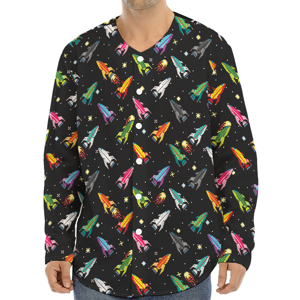 Pixel Spaceships Pattern Print Long Sleeve Baseball Jersey