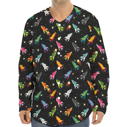 Pixel Spaceships Pattern Print Long Sleeve Baseball Jersey