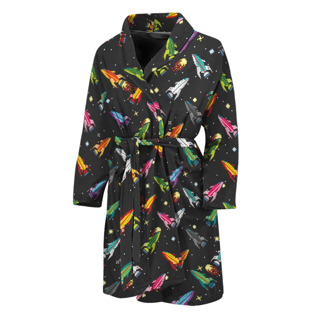 Pixel Spaceships Pattern Print Men's Bathrobe
