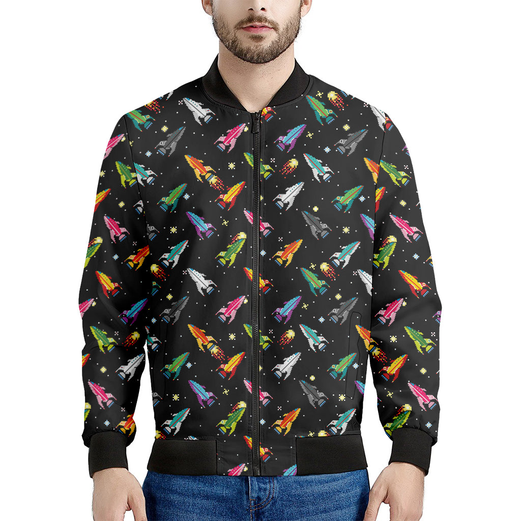 Pixel Spaceships Pattern Print Men's Bomber Jacket