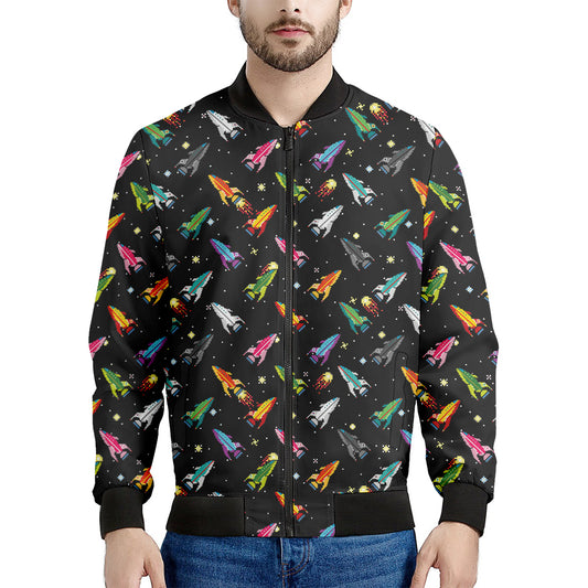 Pixel Spaceships Pattern Print Men's Bomber Jacket