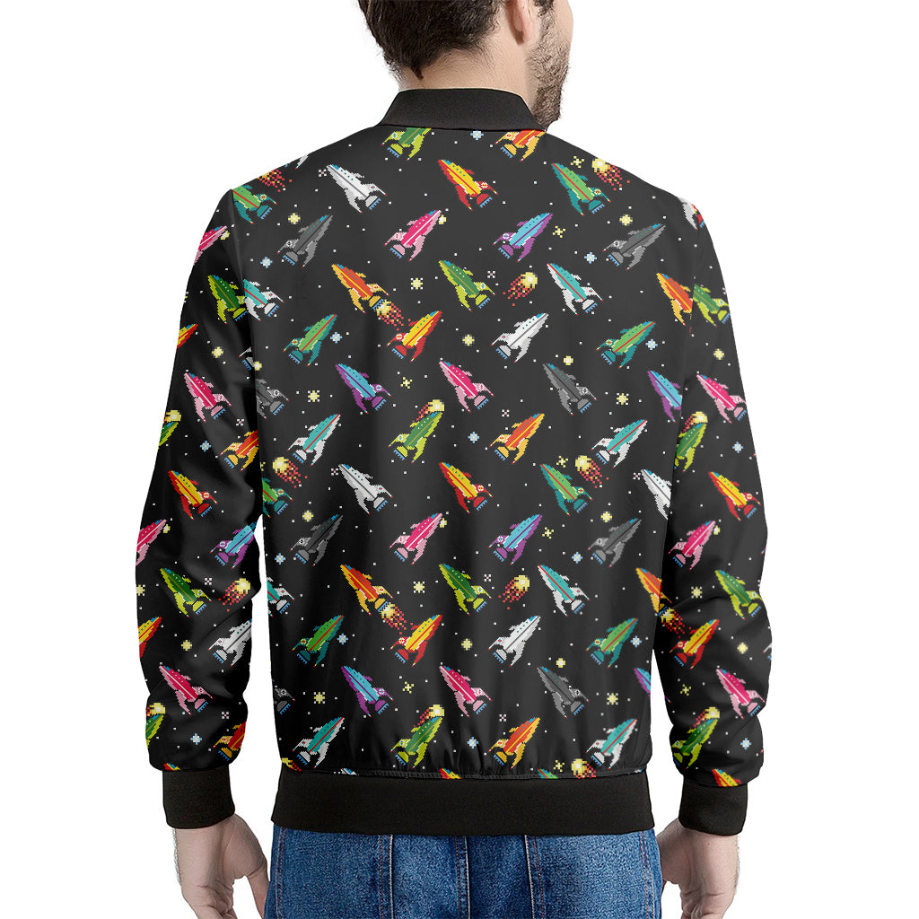 Pixel Spaceships Pattern Print Men's Bomber Jacket