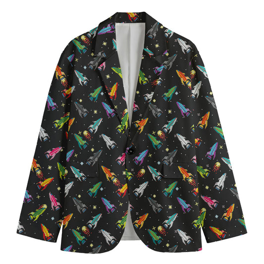 Pixel Spaceships Pattern Print Men's Cotton Blazer