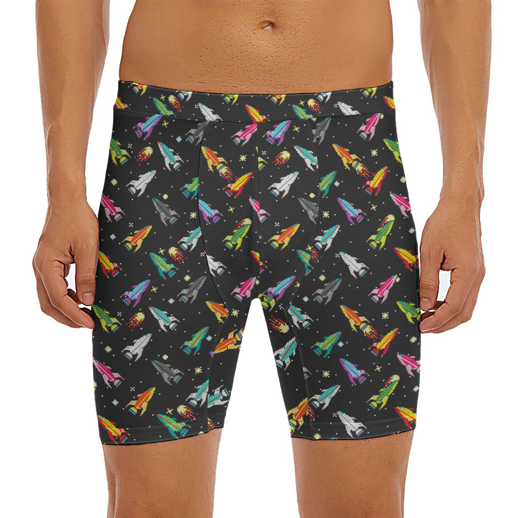Pixel Spaceships Pattern Print Men's Long Boxer Briefs