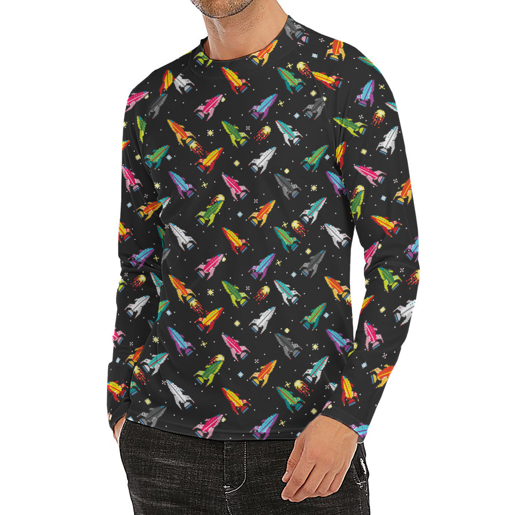 Pixel Spaceships Pattern Print Men's Long Sleeve Rash Guard
