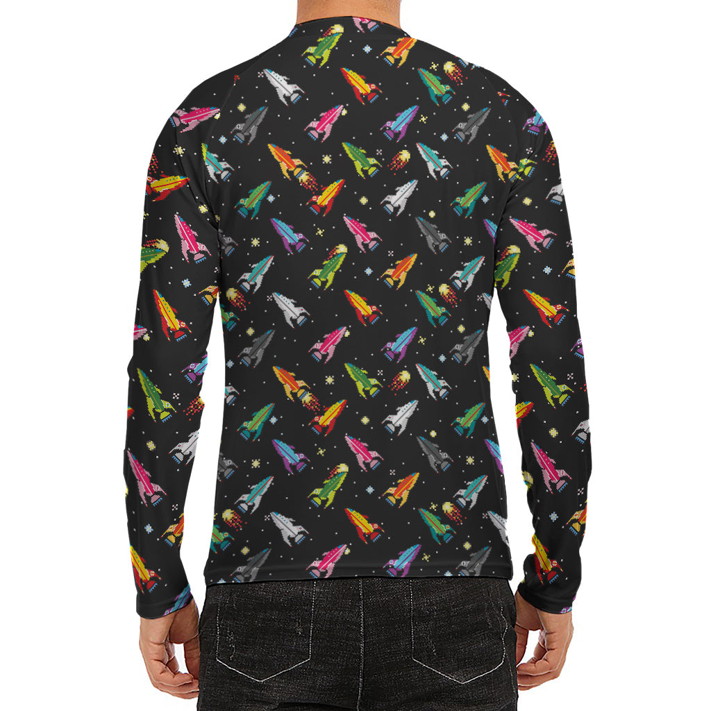 Pixel Spaceships Pattern Print Men's Long Sleeve Rash Guard